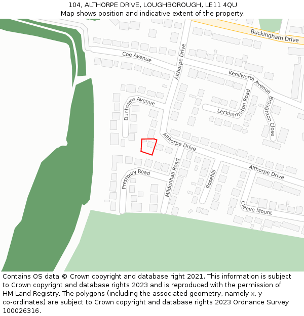 104, ALTHORPE DRIVE, LOUGHBOROUGH, LE11 4QU: Location map and indicative extent of plot
