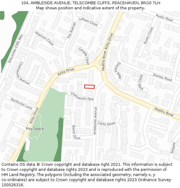 104, AMBLESIDE AVENUE, TELSCOMBE CLIFFS, PEACEHAVEN, BN10 7LH: Location map and indicative extent of plot