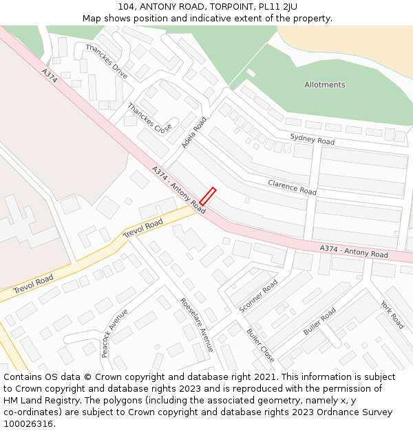 104, ANTONY ROAD, TORPOINT, PL11 2JU: Location map and indicative extent of plot