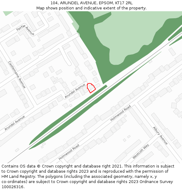 104, ARUNDEL AVENUE, EPSOM, KT17 2RL: Location map and indicative extent of plot