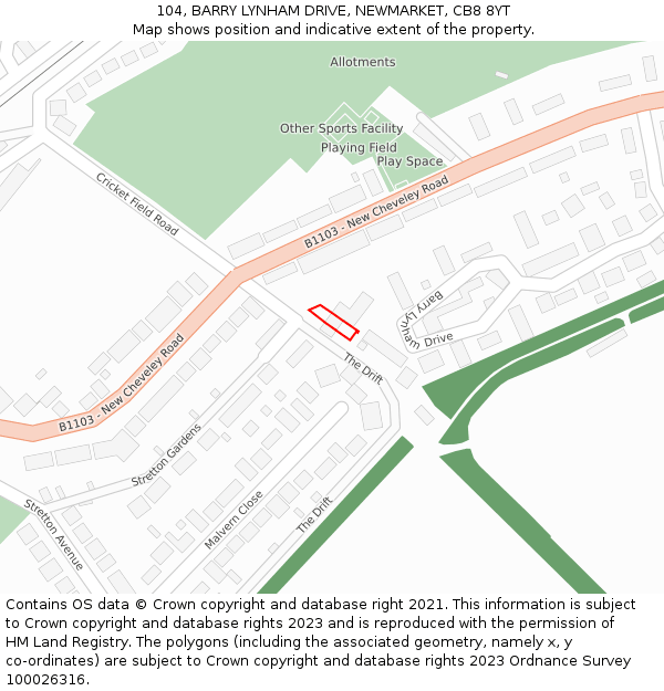 104, BARRY LYNHAM DRIVE, NEWMARKET, CB8 8YT: Location map and indicative extent of plot