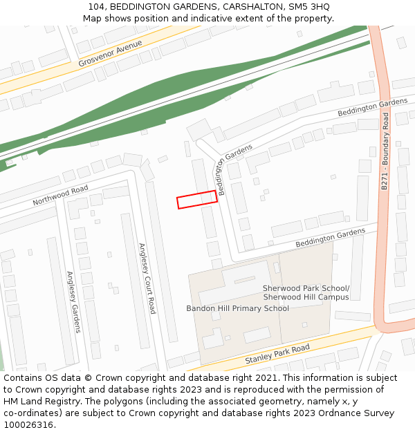 104, BEDDINGTON GARDENS, CARSHALTON, SM5 3HQ: Location map and indicative extent of plot