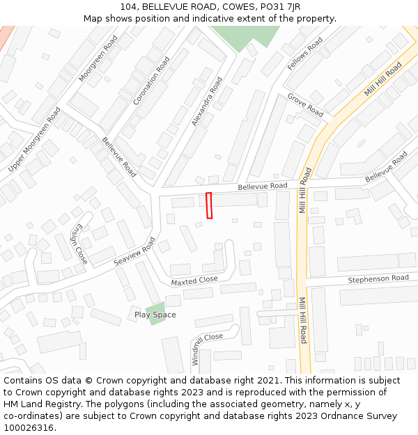 104, BELLEVUE ROAD, COWES, PO31 7JR: Location map and indicative extent of plot