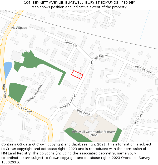 104, BENNETT AVENUE, ELMSWELL, BURY ST EDMUNDS, IP30 9EY: Location map and indicative extent of plot