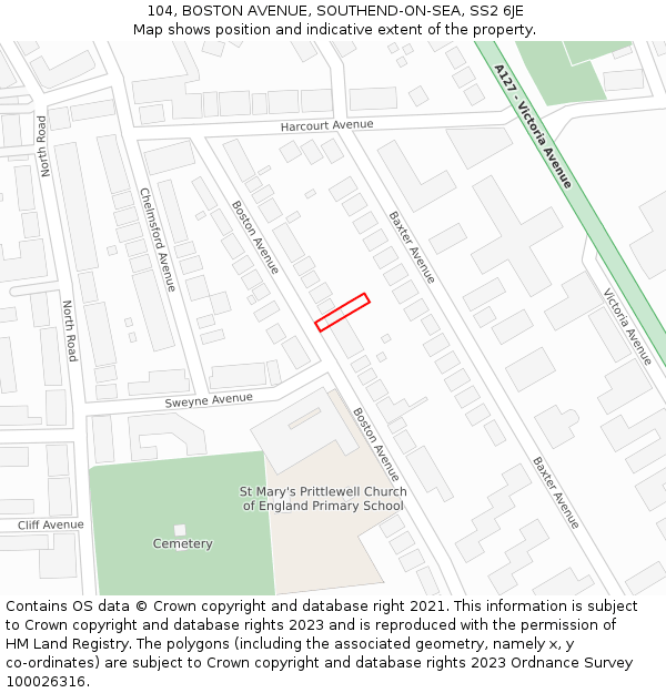 104, BOSTON AVENUE, SOUTHEND-ON-SEA, SS2 6JE: Location map and indicative extent of plot