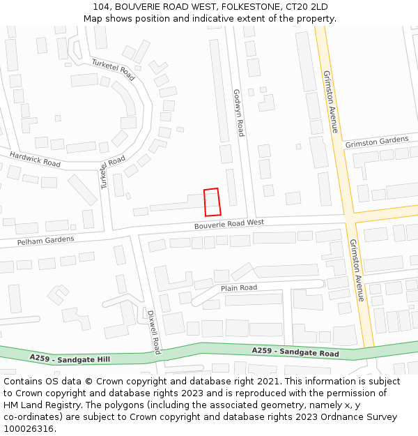 104, BOUVERIE ROAD WEST, FOLKESTONE, CT20 2LD: Location map and indicative extent of plot