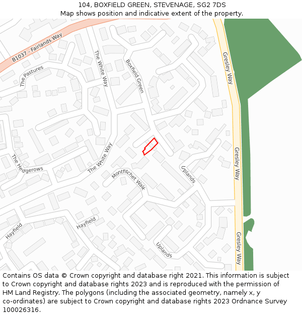 104, BOXFIELD GREEN, STEVENAGE, SG2 7DS: Location map and indicative extent of plot