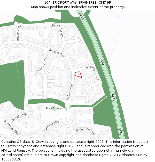 104, BRIDPORT WAY, BRAINTREE, CM7 9FJ: Location map and indicative extent of plot