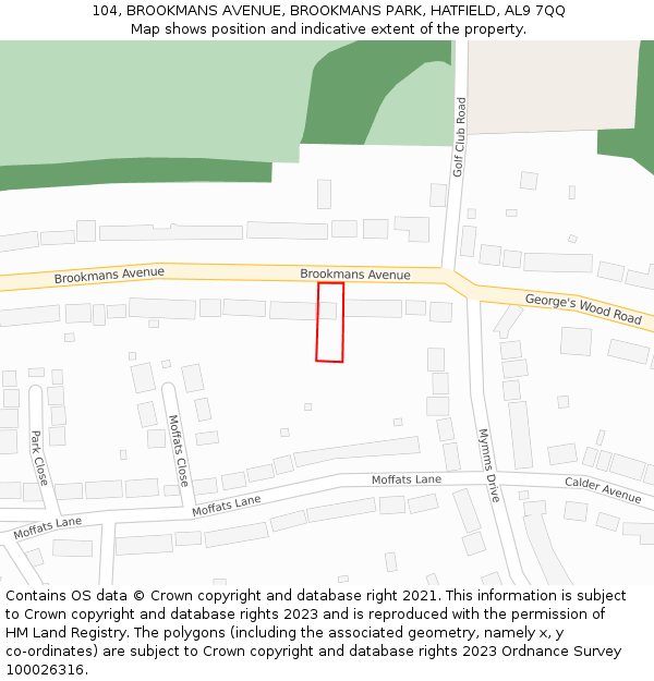 104, BROOKMANS AVENUE, BROOKMANS PARK, HATFIELD, AL9 7QQ: Location map and indicative extent of plot