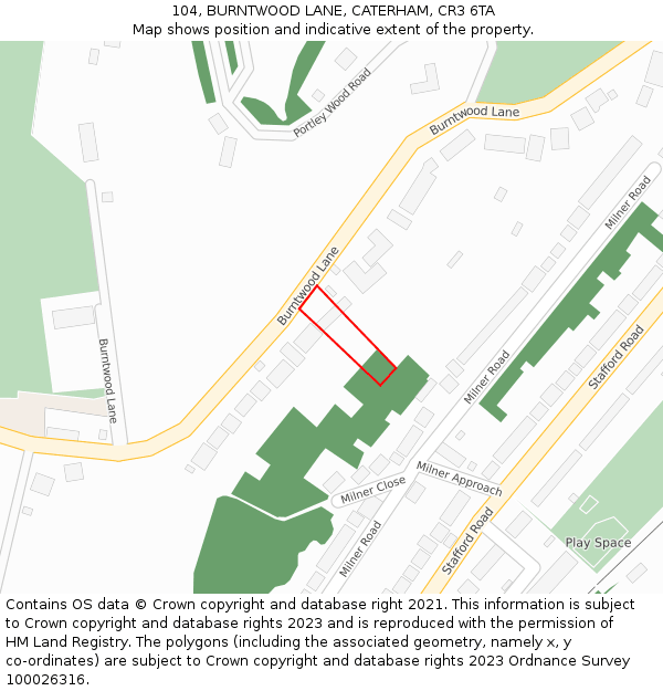 104, BURNTWOOD LANE, CATERHAM, CR3 6TA: Location map and indicative extent of plot