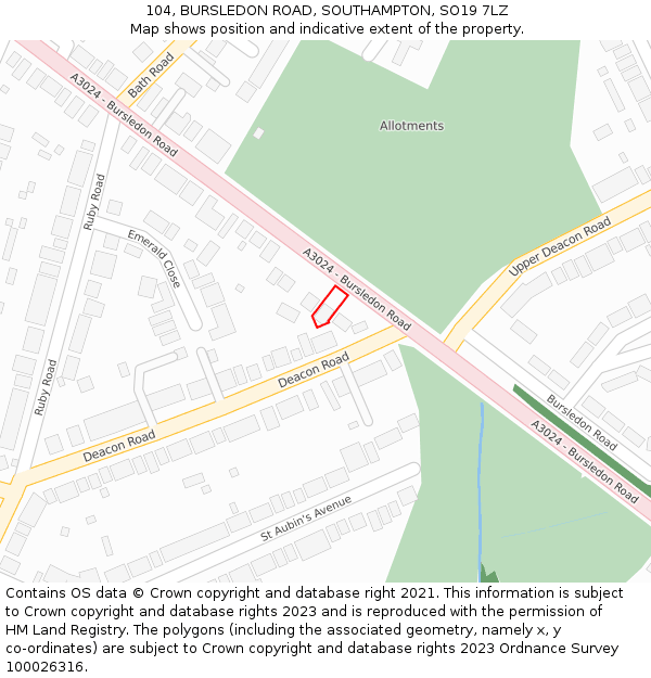 104, BURSLEDON ROAD, SOUTHAMPTON, SO19 7LZ: Location map and indicative extent of plot