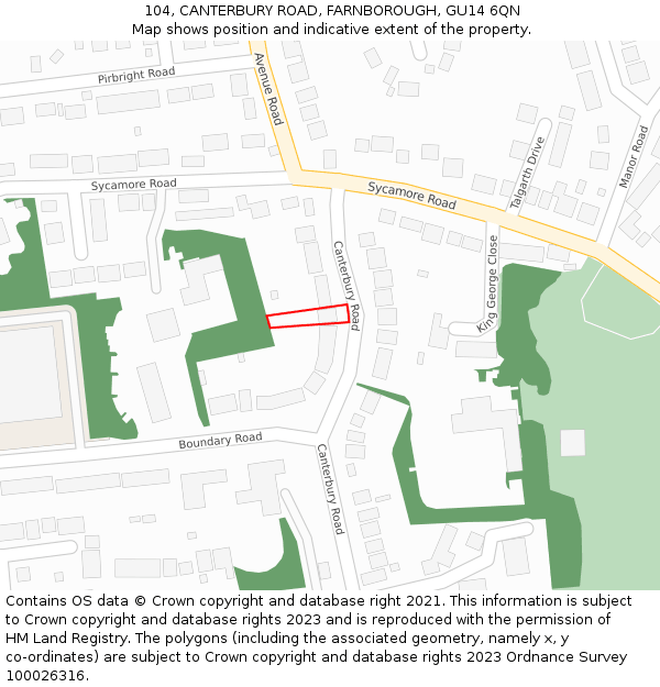 104, CANTERBURY ROAD, FARNBOROUGH, GU14 6QN: Location map and indicative extent of plot