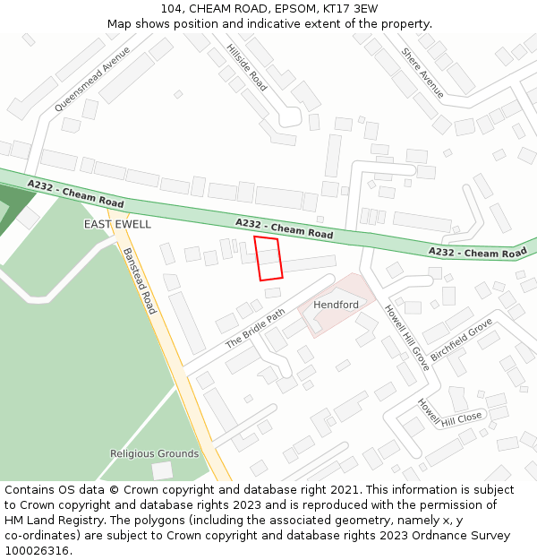 104, CHEAM ROAD, EPSOM, KT17 3EW: Location map and indicative extent of plot