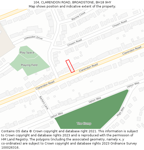 104, CLARENDON ROAD, BROADSTONE, BH18 9HY: Location map and indicative extent of plot