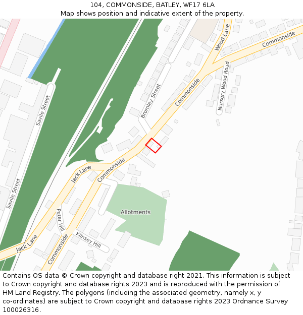 104, COMMONSIDE, BATLEY, WF17 6LA: Location map and indicative extent of plot