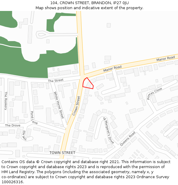 104, CROWN STREET, BRANDON, IP27 0JU: Location map and indicative extent of plot