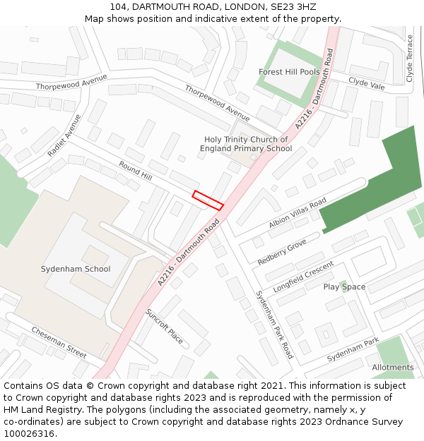 104, DARTMOUTH ROAD, LONDON, SE23 3HZ: Location map and indicative extent of plot