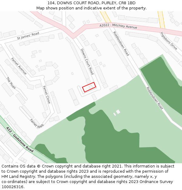 104, DOWNS COURT ROAD, PURLEY, CR8 1BD: Location map and indicative extent of plot