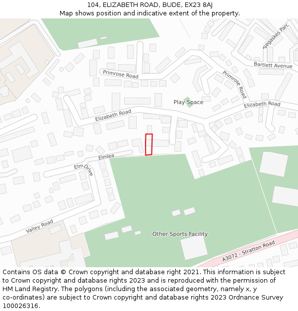 104, ELIZABETH ROAD, BUDE, EX23 8AJ: Location map and indicative extent of plot