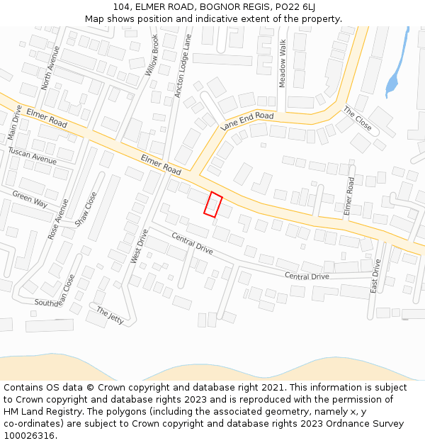 104, ELMER ROAD, BOGNOR REGIS, PO22 6LJ: Location map and indicative extent of plot