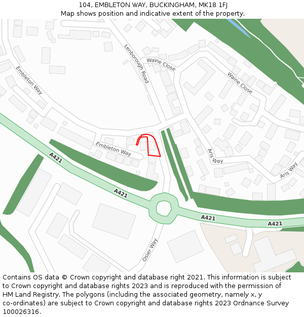 104, EMBLETON WAY, BUCKINGHAM, MK18 1FJ: Location map and indicative extent of plot