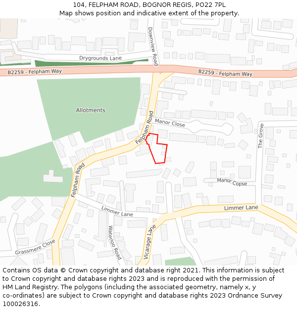 104, FELPHAM ROAD, BOGNOR REGIS, PO22 7PL: Location map and indicative extent of plot