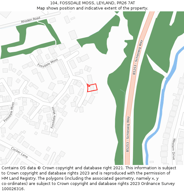 104, FOSSDALE MOSS, LEYLAND, PR26 7AT: Location map and indicative extent of plot