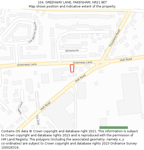 104, GREENWAY LANE, FAKENHAM, NR21 8ET: Location map and indicative extent of plot