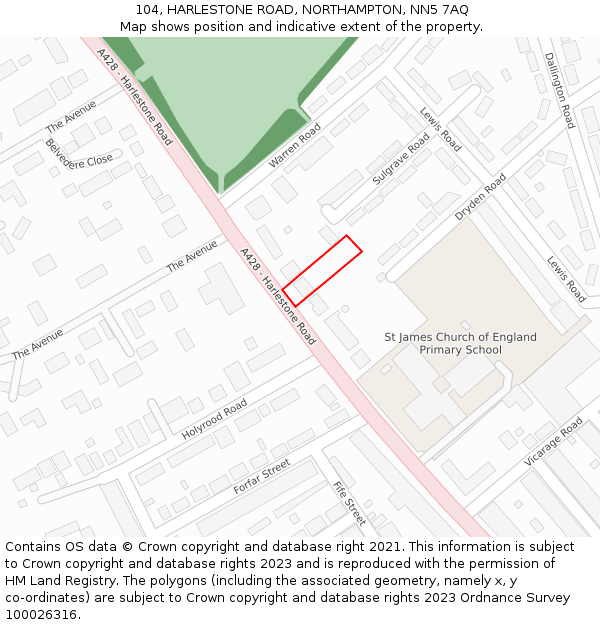 104, HARLESTONE ROAD, NORTHAMPTON, NN5 7AQ: Location map and indicative extent of plot