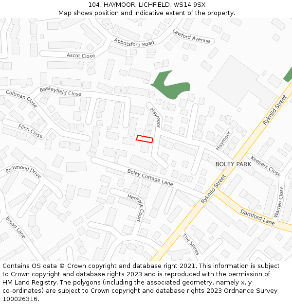 104, HAYMOOR, LICHFIELD, WS14 9SX: Location map and indicative extent of plot