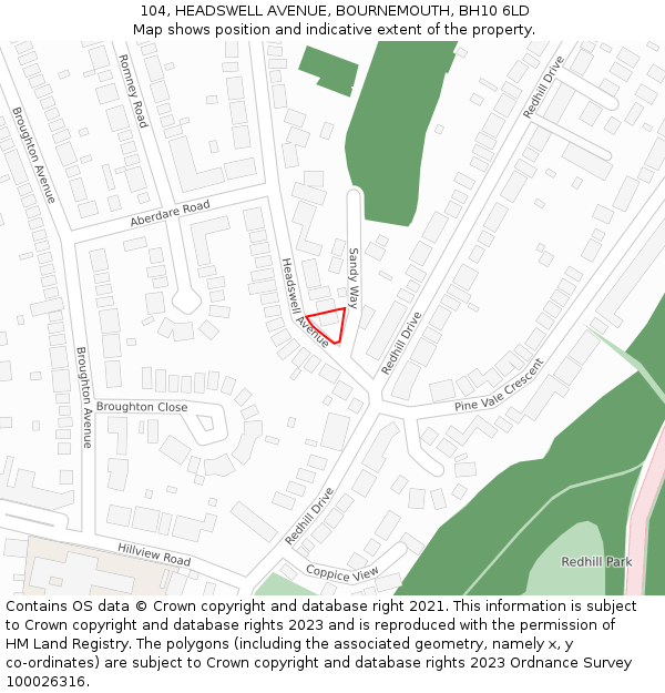 104, HEADSWELL AVENUE, BOURNEMOUTH, BH10 6LD: Location map and indicative extent of plot