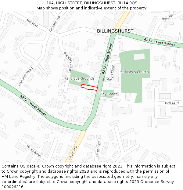104, HIGH STREET, BILLINGSHURST, RH14 9QS: Location map and indicative extent of plot