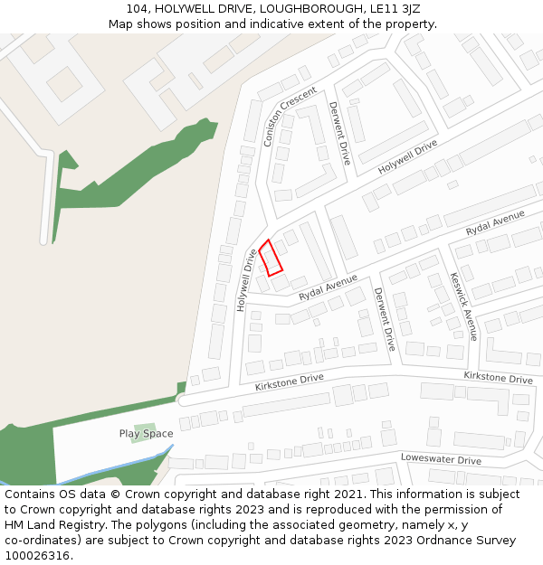 104, HOLYWELL DRIVE, LOUGHBOROUGH, LE11 3JZ: Location map and indicative extent of plot