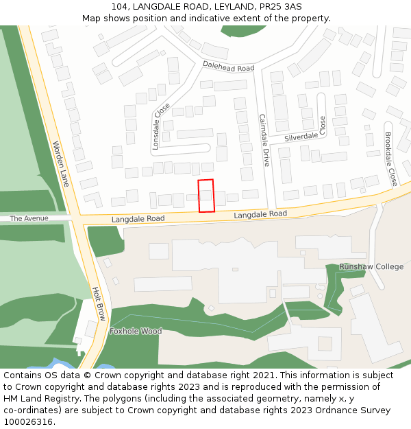 104, LANGDALE ROAD, LEYLAND, PR25 3AS: Location map and indicative extent of plot