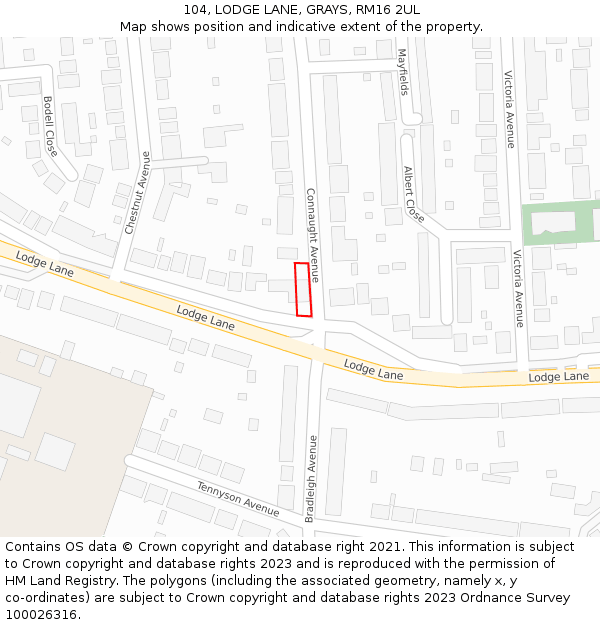 104, LODGE LANE, GRAYS, RM16 2UL: Location map and indicative extent of plot