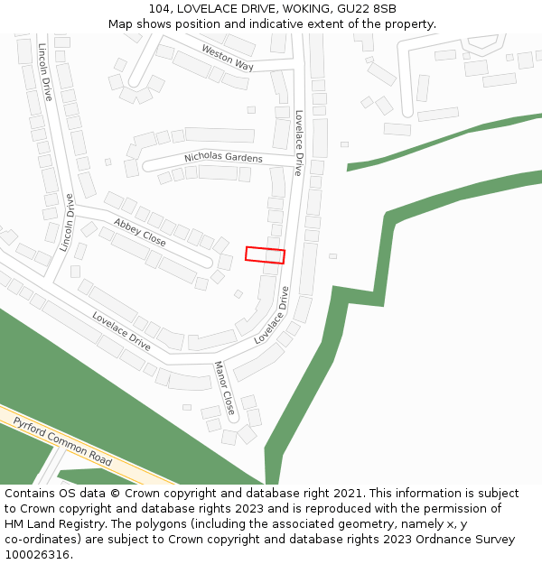 104, LOVELACE DRIVE, WOKING, GU22 8SB: Location map and indicative extent of plot