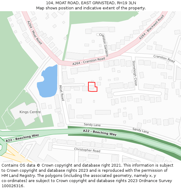 104, MOAT ROAD, EAST GRINSTEAD, RH19 3LN: Location map and indicative extent of plot