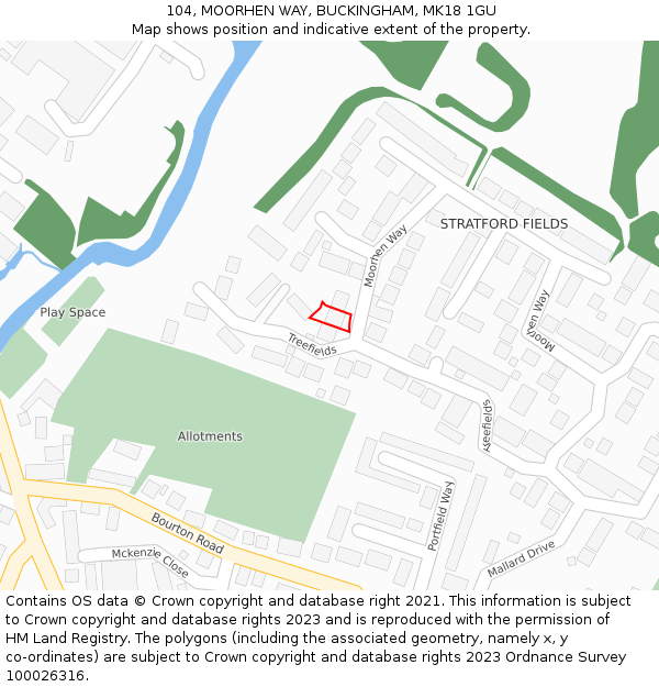 104, MOORHEN WAY, BUCKINGHAM, MK18 1GU: Location map and indicative extent of plot