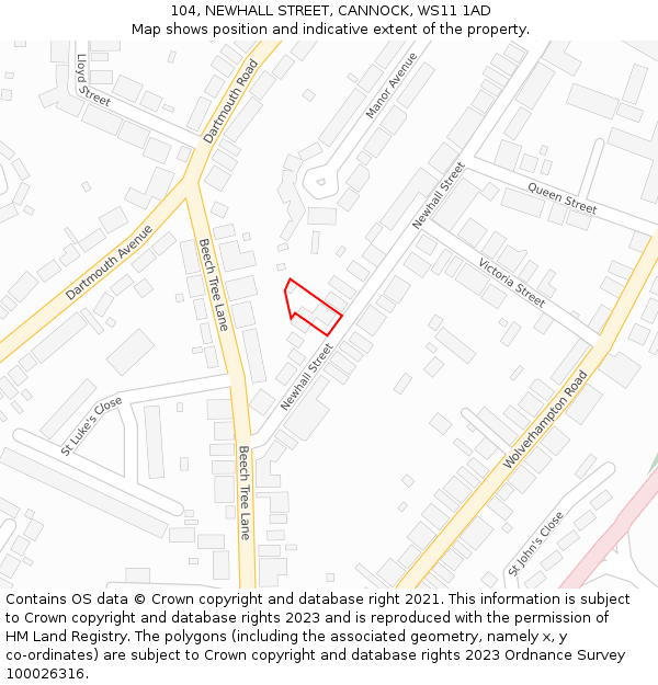 104, NEWHALL STREET, CANNOCK, WS11 1AD: Location map and indicative extent of plot