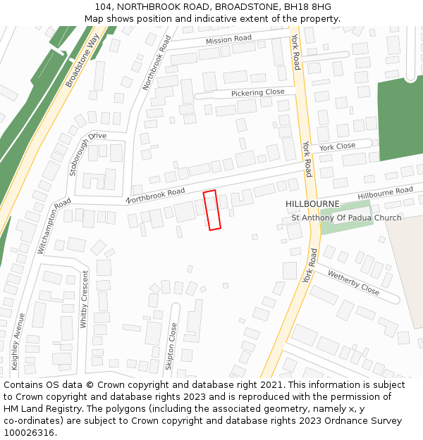 104, NORTHBROOK ROAD, BROADSTONE, BH18 8HG: Location map and indicative extent of plot