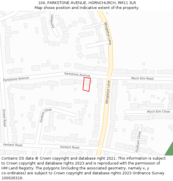 104, PARKSTONE AVENUE, HORNCHURCH, RM11 3LR: Location map and indicative extent of plot