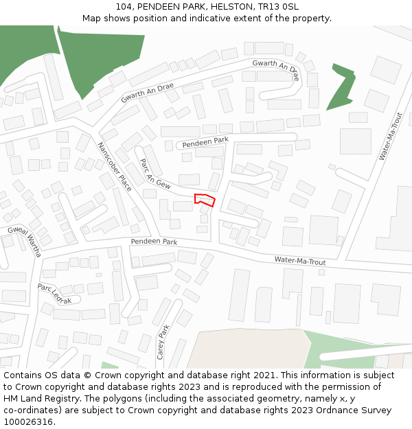 104, PENDEEN PARK, HELSTON, TR13 0SL: Location map and indicative extent of plot