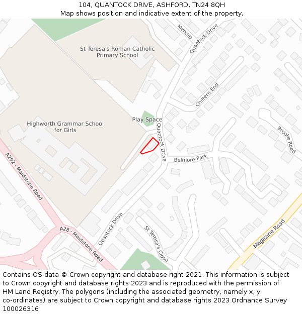 104, QUANTOCK DRIVE, ASHFORD, TN24 8QH: Location map and indicative extent of plot