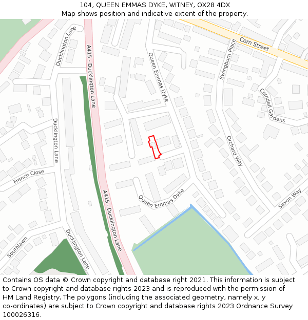 104, QUEEN EMMAS DYKE, WITNEY, OX28 4DX: Location map and indicative extent of plot