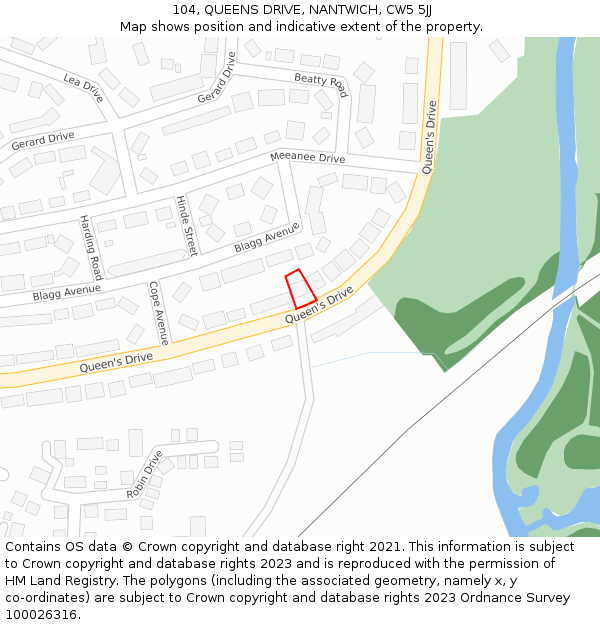 104, QUEENS DRIVE, NANTWICH, CW5 5JJ: Location map and indicative extent of plot