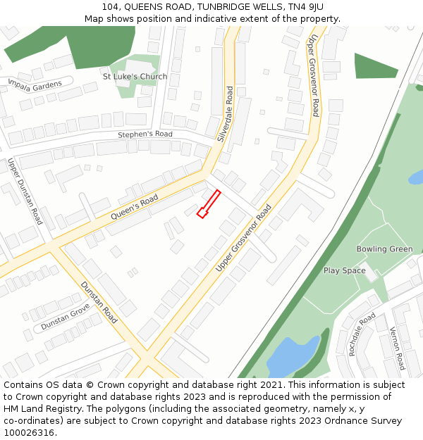 104, QUEENS ROAD, TUNBRIDGE WELLS, TN4 9JU: Location map and indicative extent of plot