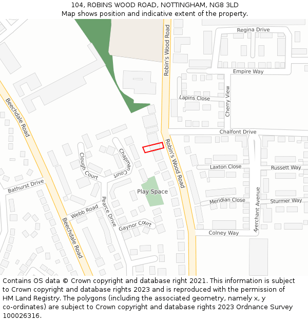 104, ROBINS WOOD ROAD, NOTTINGHAM, NG8 3LD: Location map and indicative extent of plot