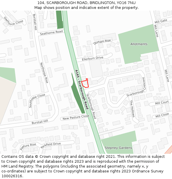 104, SCARBOROUGH ROAD, BRIDLINGTON, YO16 7NU: Location map and indicative extent of plot
