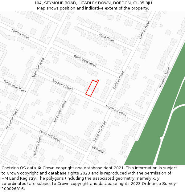 104, SEYMOUR ROAD, HEADLEY DOWN, BORDON, GU35 8JU: Location map and indicative extent of plot