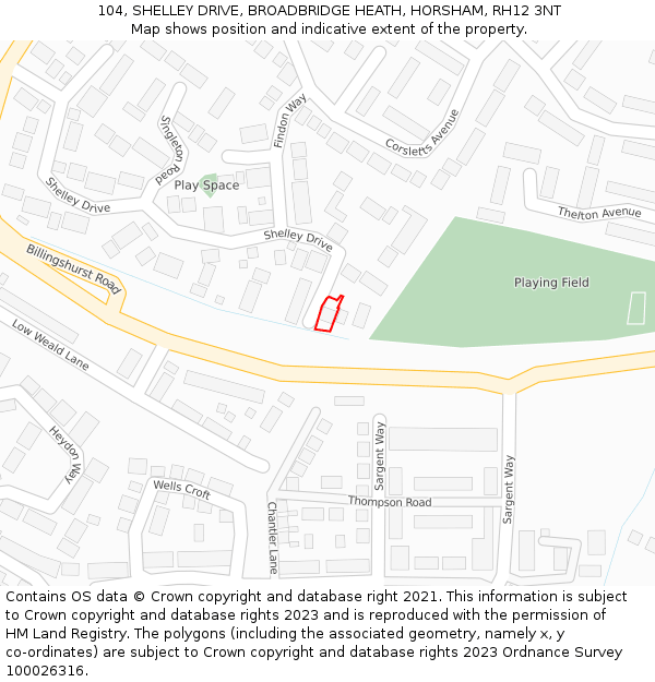 104, SHELLEY DRIVE, BROADBRIDGE HEATH, HORSHAM, RH12 3NT: Location map and indicative extent of plot